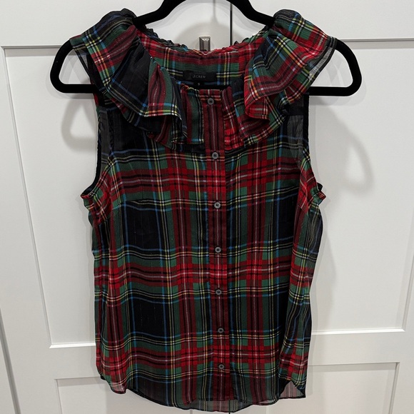 J. Crew Tartan Plaid Ruffle Neckline Sleeveless Top - Picture 2 of 9